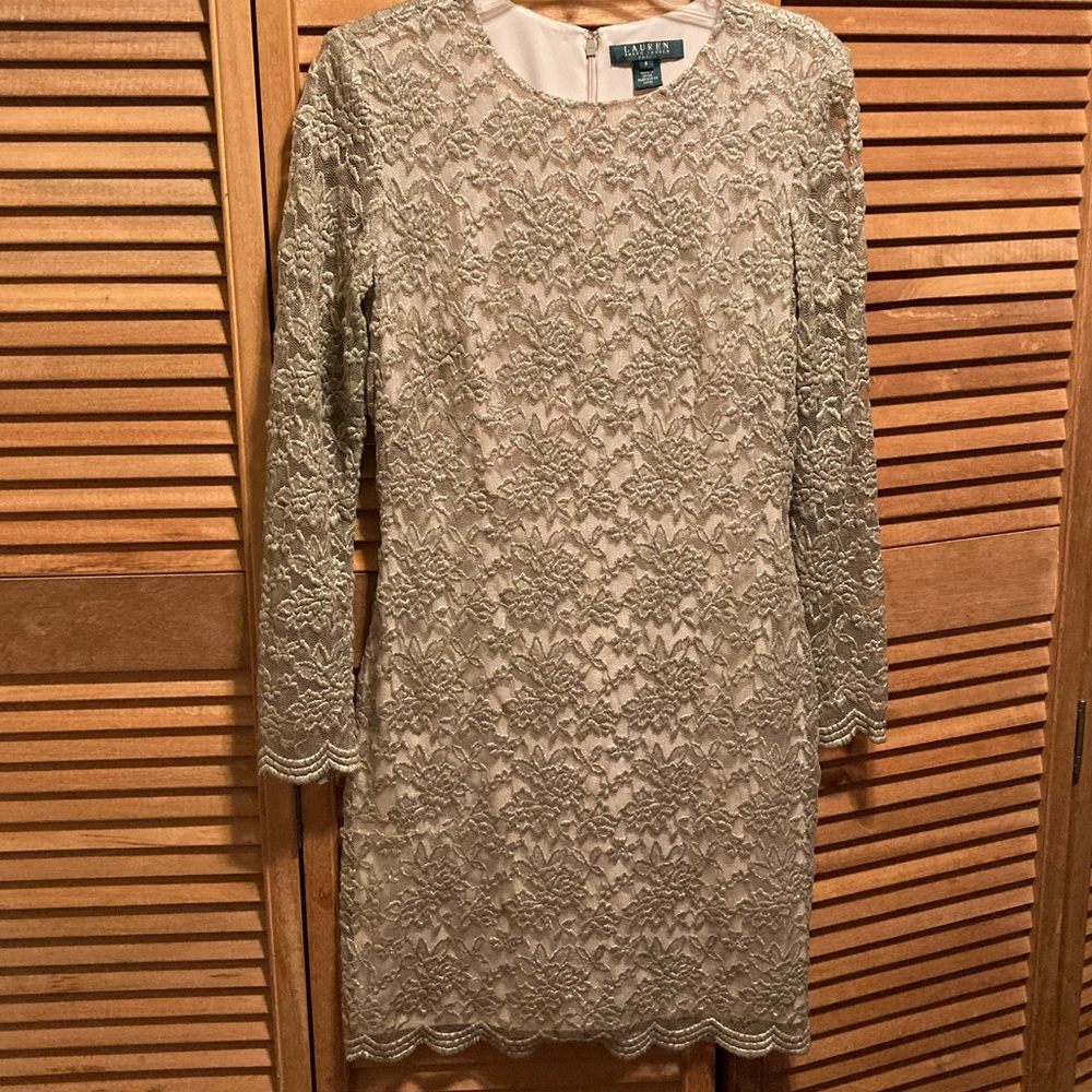 Lauren Ralph Lauren Pewter Metallic Scalloped Lace Dress